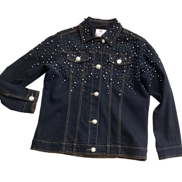 Quacker Factory XS  Black Denim/Jean Jacket Pearl Buttons Beads and Studs 57X - Picture 1 of 9